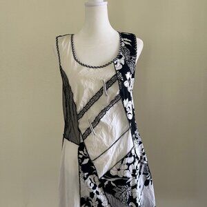 TRICOTTO Women’s Black White Flora Embellished Tank Dress Patchwork Lagenlook S